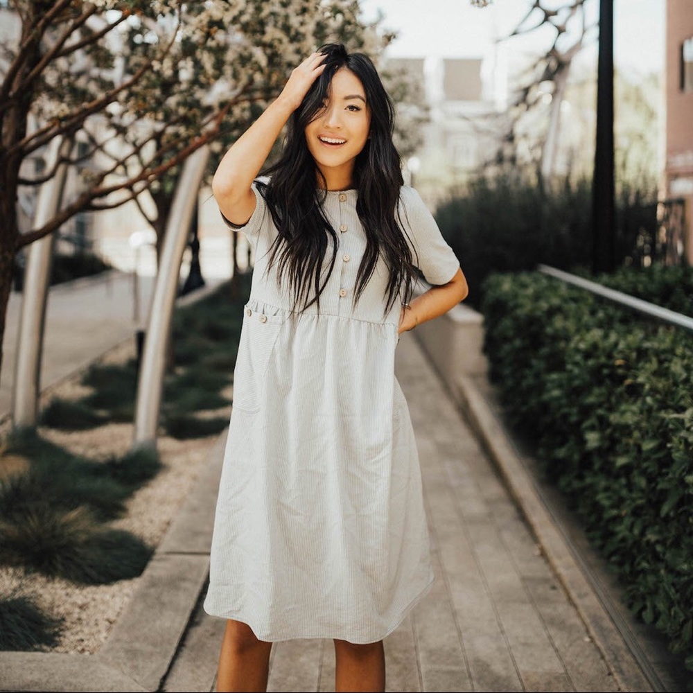 SOLD Light Blue and Gray Striped Button Dress